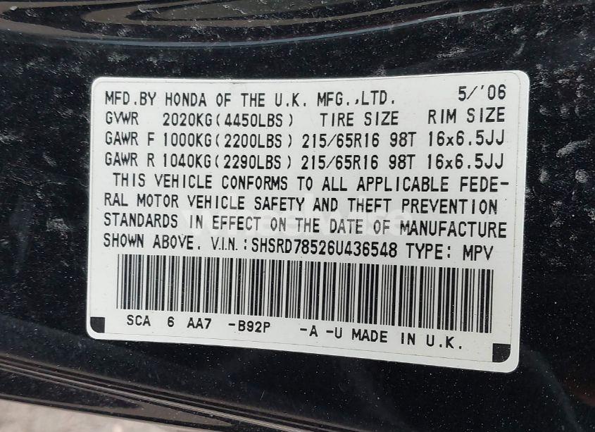 Photo 9 of 2006 Honda Cr-v LX (VIN SHSRD78526U436548)
