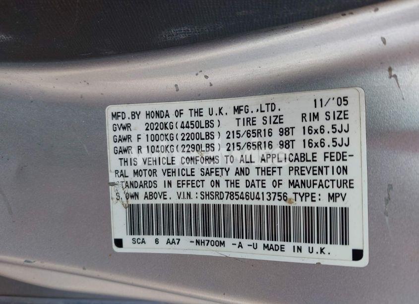 Photo 9 of 2006 Honda Cr-v LX (VIN SHSRD78546U413756)