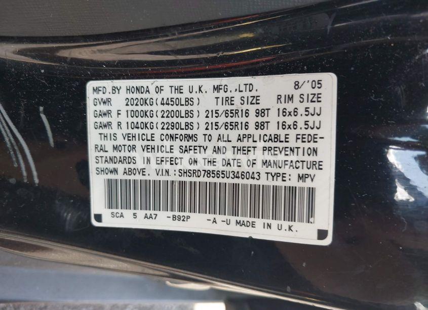 Photo 9 of 2005 Honda Cr-v LX (VIN SHSRD78565U346043)