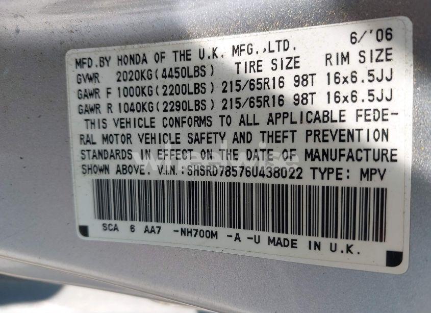 Photo 9 of 2006 Honda Cr-v LX (VIN SHSRD78576U438022)