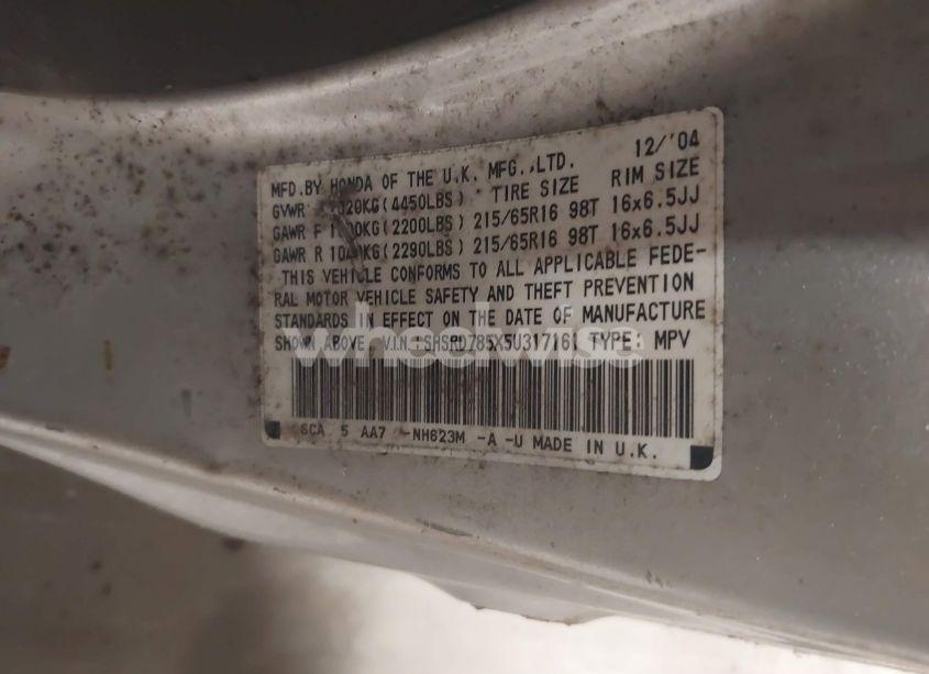 Photo 9 of 2005 Honda Cr-v LX (VIN SHSRD785X5U317161)