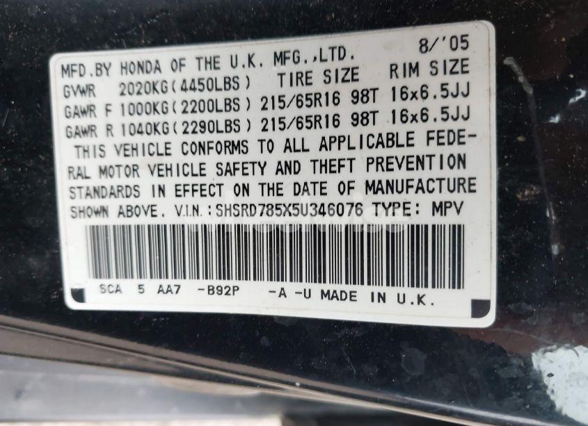Photo 9 of 2005 Honda Cr-v LX (VIN SHSRD785X5U346076)