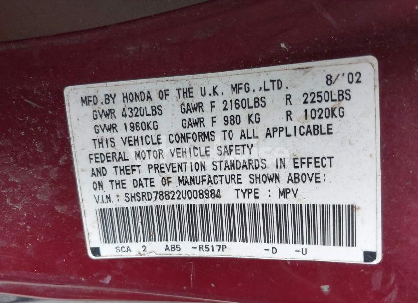 Photo 9 of 2002 Honda Cr-v EX (VIN SHSRD78822U008984)