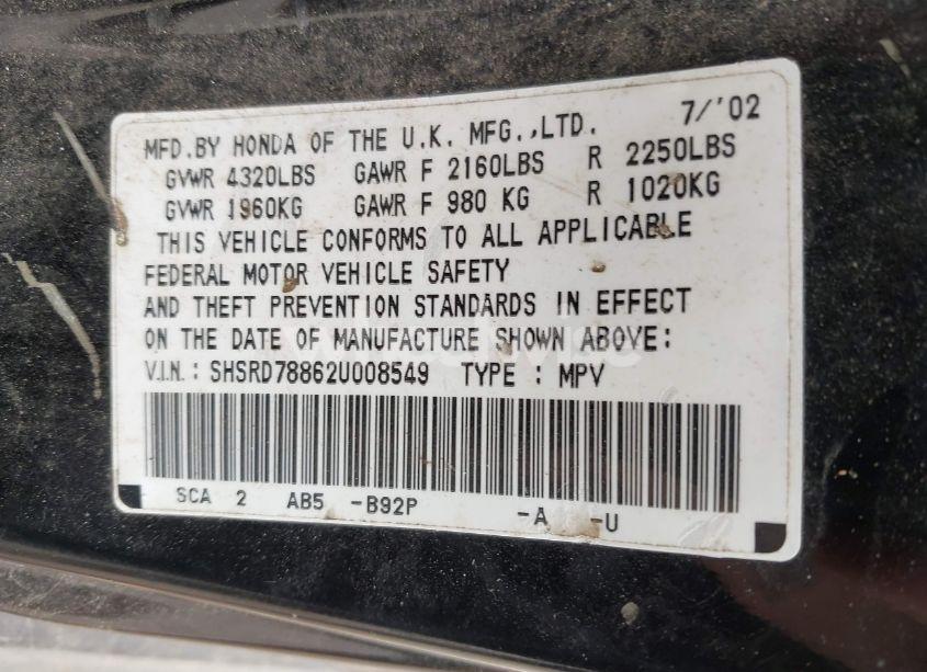 Photo 9 of 2002 Honda Cr-v EX (VIN SHSRD78862U008549)