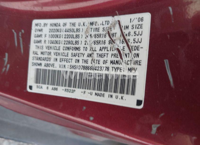 Photo 9 of 2006 Honda Cr-v EX (VIN SHSRD78866U423778)