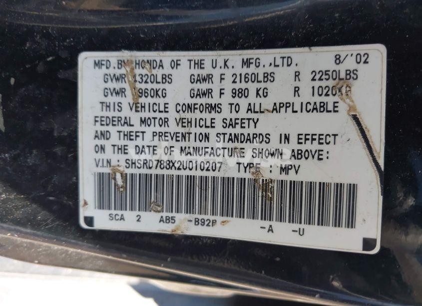 Photo 9 of 2002 Honda Cr-v EX (VIN SHSRD788X2U010207)