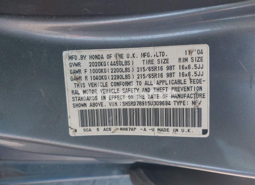 Photo 9 of 2005 Honda Cr-v SE (VIN SHSRD78915U309694)