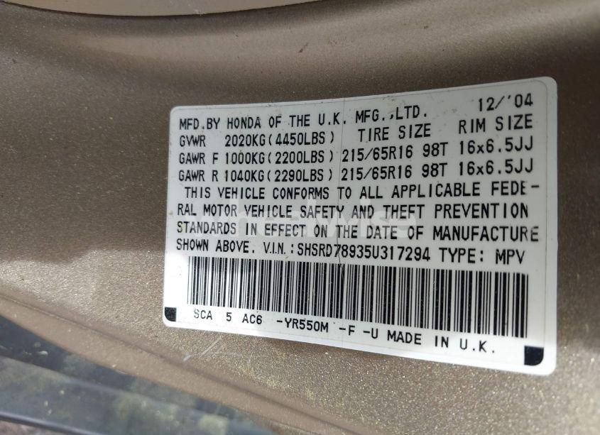 Photo 9 of 2005 Honda Cr-v SE (VIN SHSRD78935U317294)