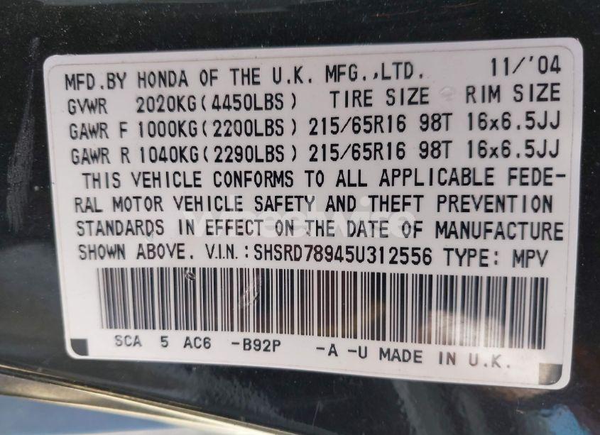 Photo 9 of 2005 Honda Cr-v SE (VIN SHSRD78945U312556)