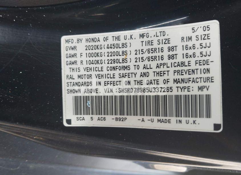 Photo 9 of 2005 Honda Cr-v SE (VIN SHSRD78985U337265)