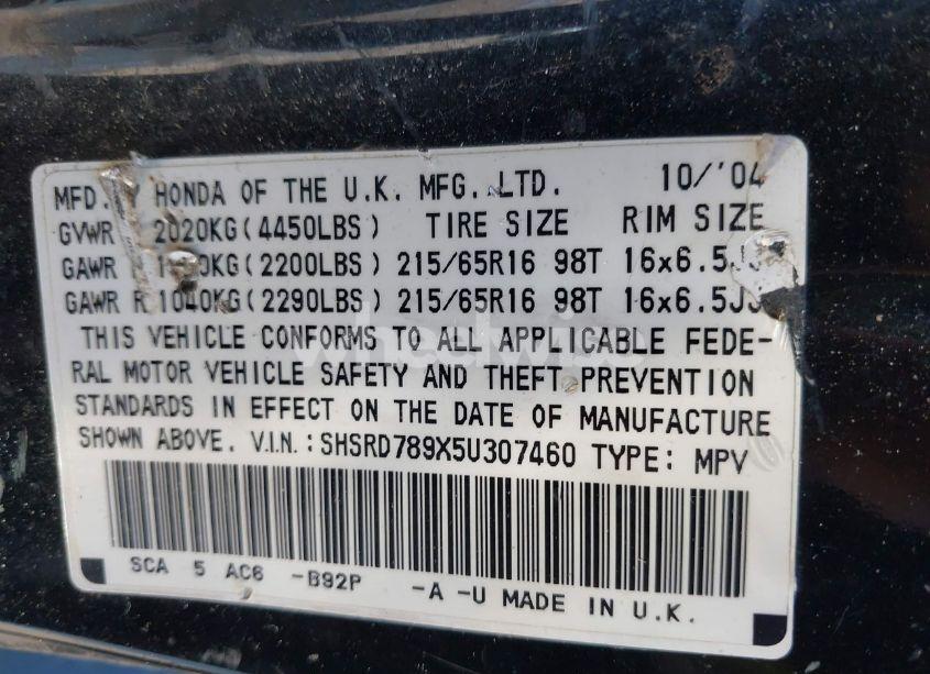 Photo 9 of 2005 Honda Cr-v SE (VIN SHSRD789X5U307460)