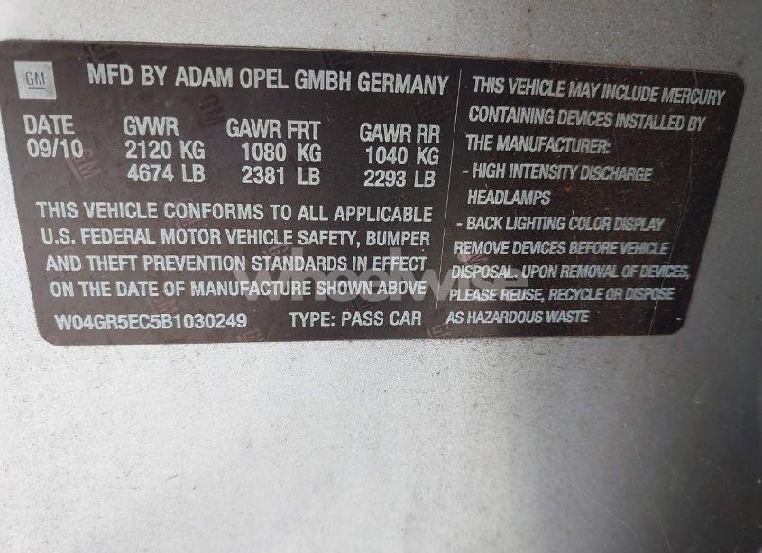 Photo 9 of 2011 Buick Regal CXL RUSSELSHEIM (VIN W04GR5EC5B1030249)