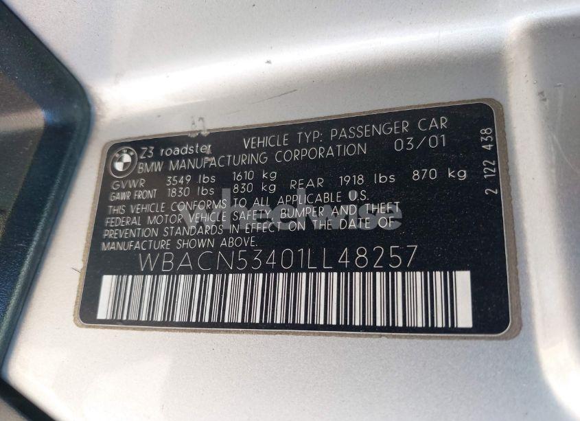 Photo 9 of 2001 Bmw Z3 3.0I (VIN WBACN53401LL48257)
