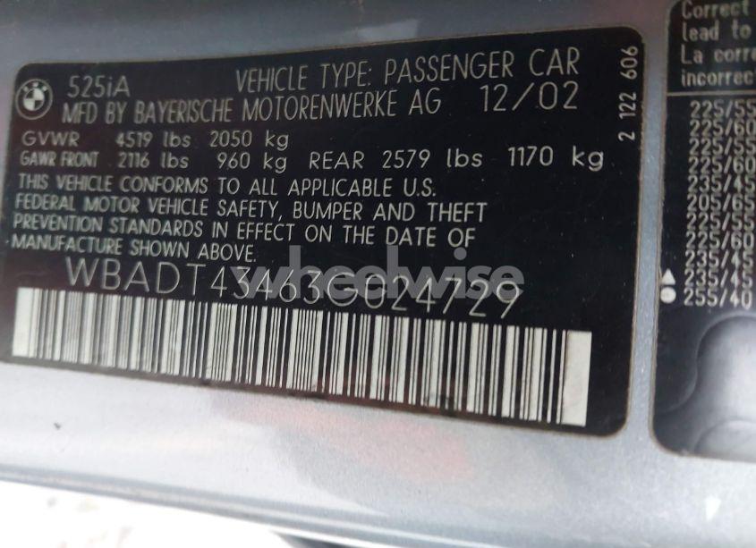 Photo 9 of 2003 Bmw 525 I AUTOMATIC (VIN WBADT43463G024729)