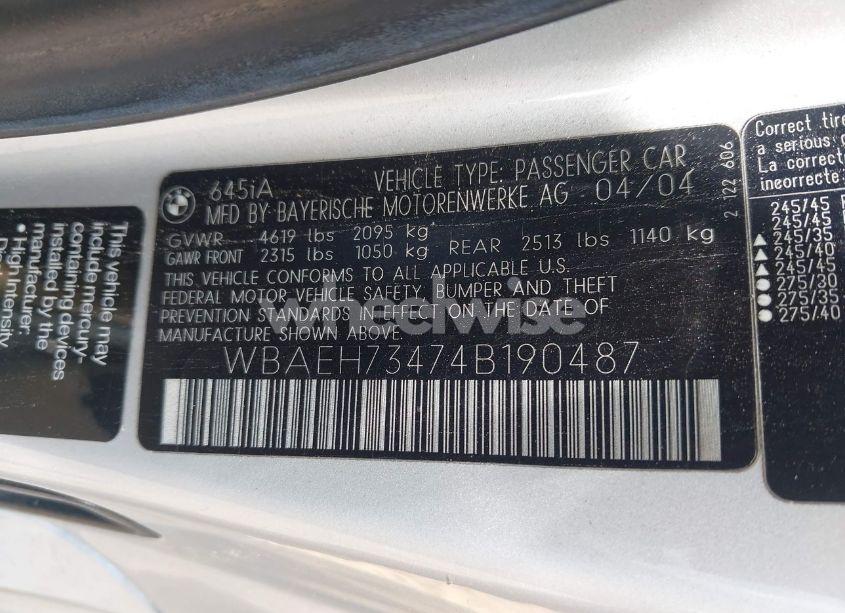Photo 9 of 2004 Bmw 645ci (VIN WBAEH73474B190487)