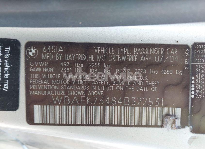 Photo 9 of 2004 Bmw 645ci (VIN WBAEK73484B322531)