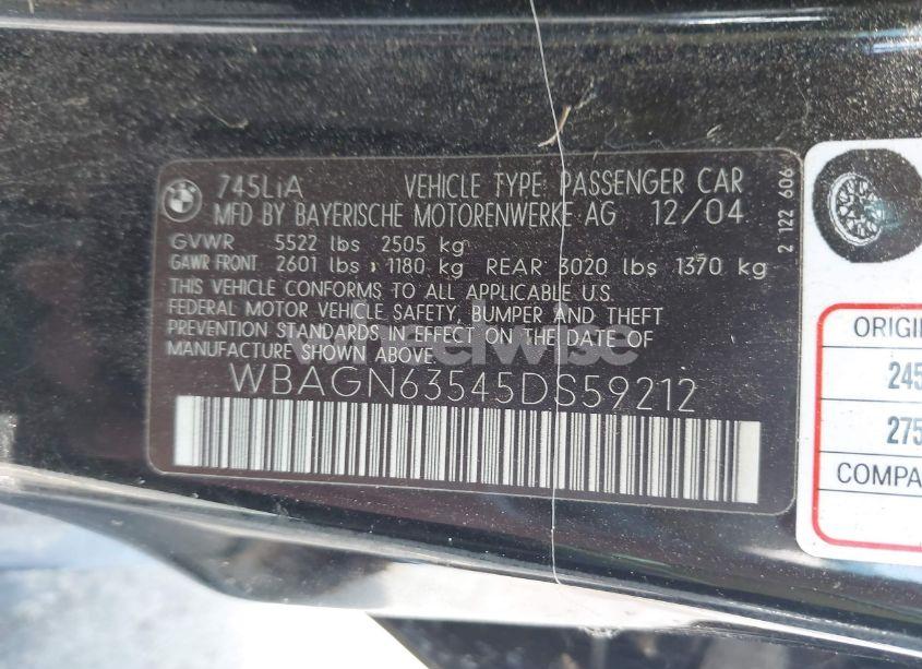 Photo 9 of 2005 Bmw 745li (VIN WBAGN63545DS59212)