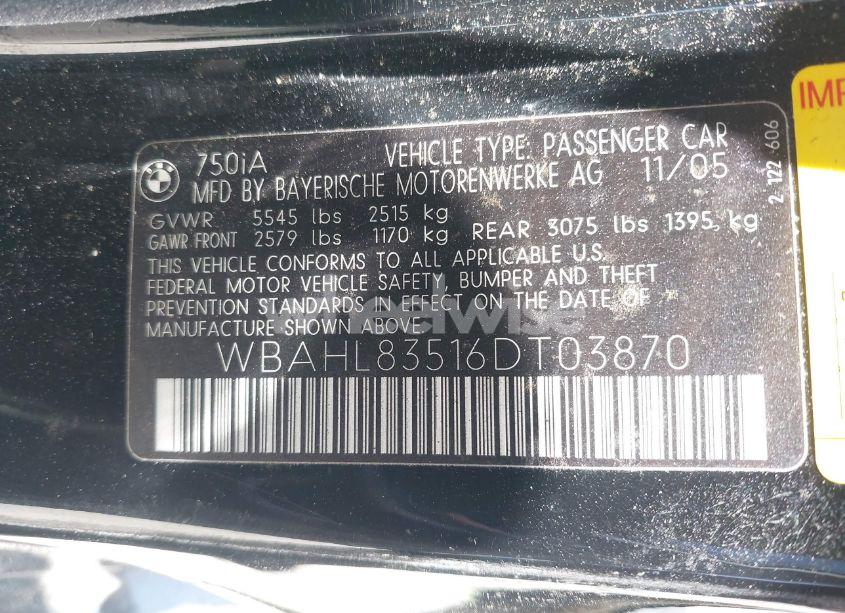 Photo 9 of 2006 Bmw 750i (VIN WBAHL83516DT03870)