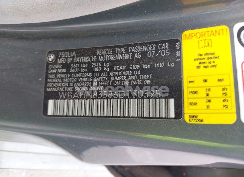 Photo 9 of 2006 Bmw 750li (VIN WBAHN83586DT30395)