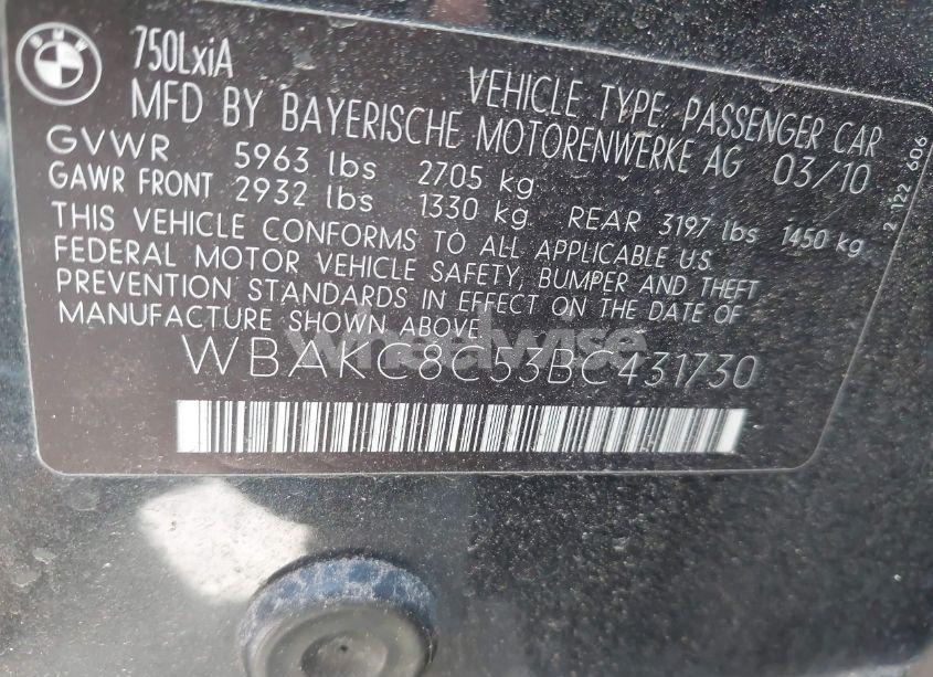 Photo 9 of 2011 Bmw 750li XDRIVE (VIN WBAKC8C53BC431730)