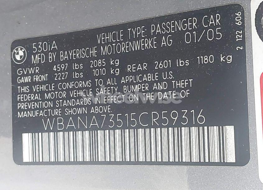 Photo 9 of 2005 Bmw 530i (VIN WBANA73515CR59316)