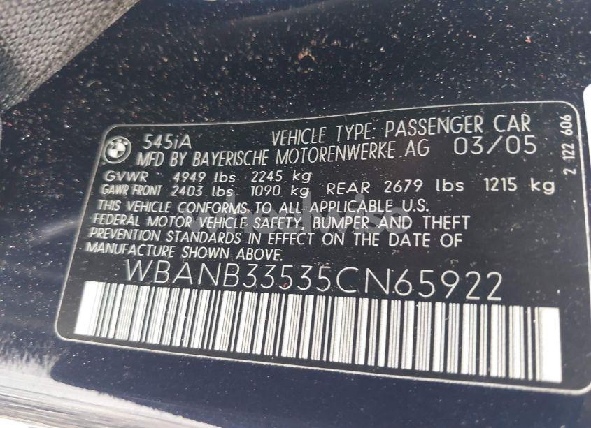 Photo 9 of 2005 Bmw 545i (VIN WBANB33535CN65922)