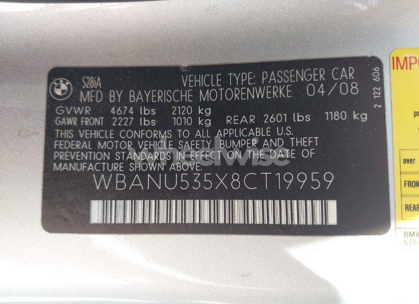 Photo 9 of 2008 Bmw 528i (VIN WBANU535X8CT19959)