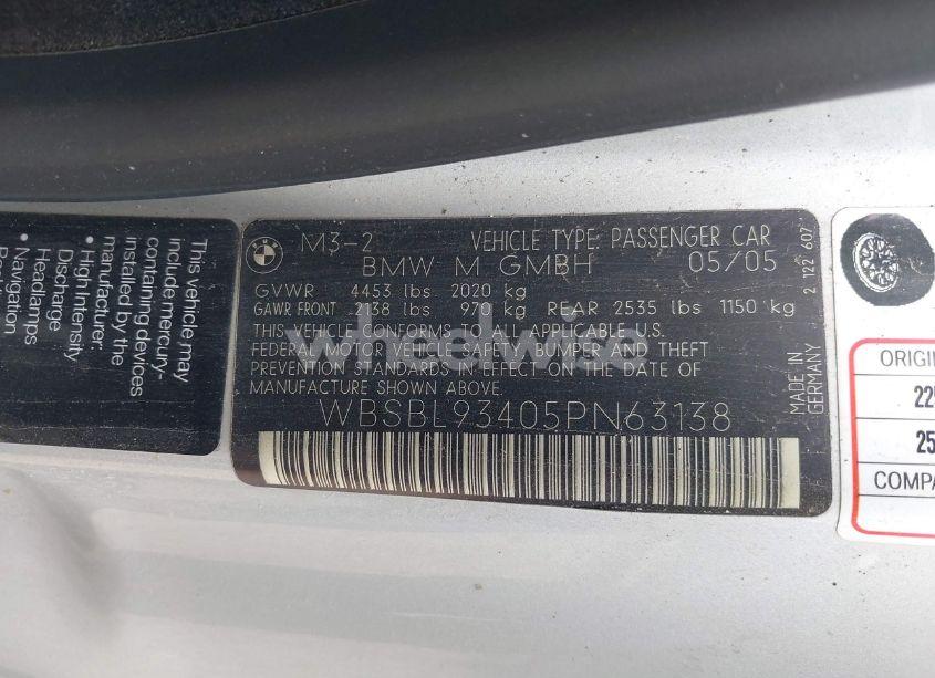 Photo 9 of 2005 Bmw M3 (VIN WBSBL93405PN63138)