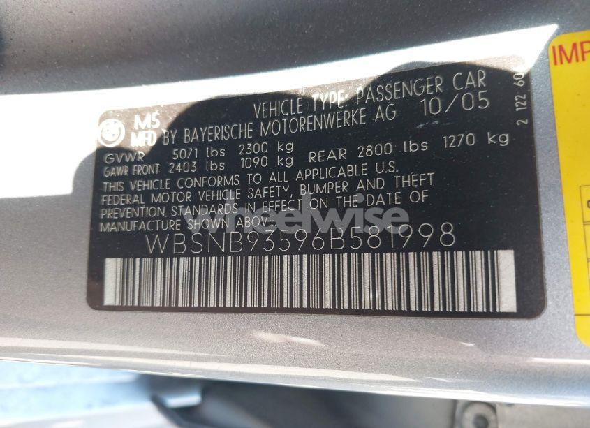 Photo 9 of 2006 Bmw M5 (VIN WBSNB93596B581998)