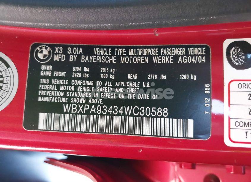 Photo 9 of 2004 Bmw X3 3.0I (VIN WBXPA93434WC30588)