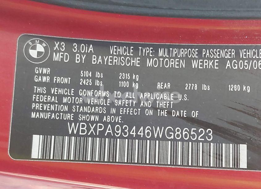 Photo 9 of 2006 Bmw X3 3.0I (VIN WBXPA93446WG86523)