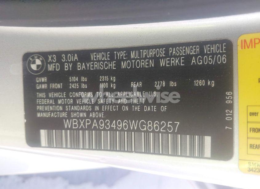 Photo 9 of 2006 Bmw X3 3.0I (VIN WBXPA93496WG86257)