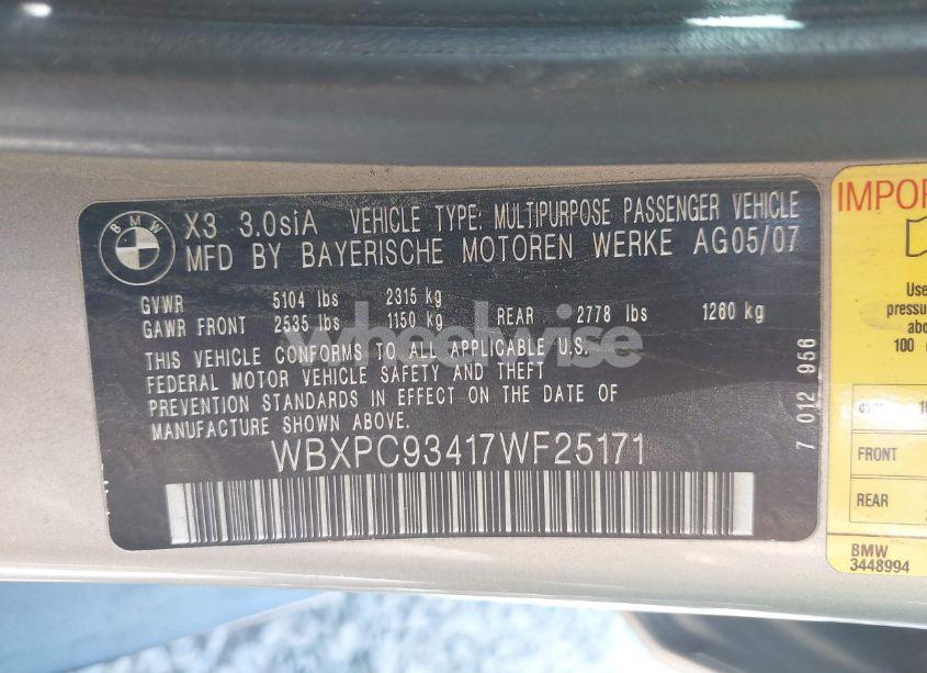 Photo 9 of 2007 Bmw X3 3.0SI (VIN WBXPC93417WF25171)