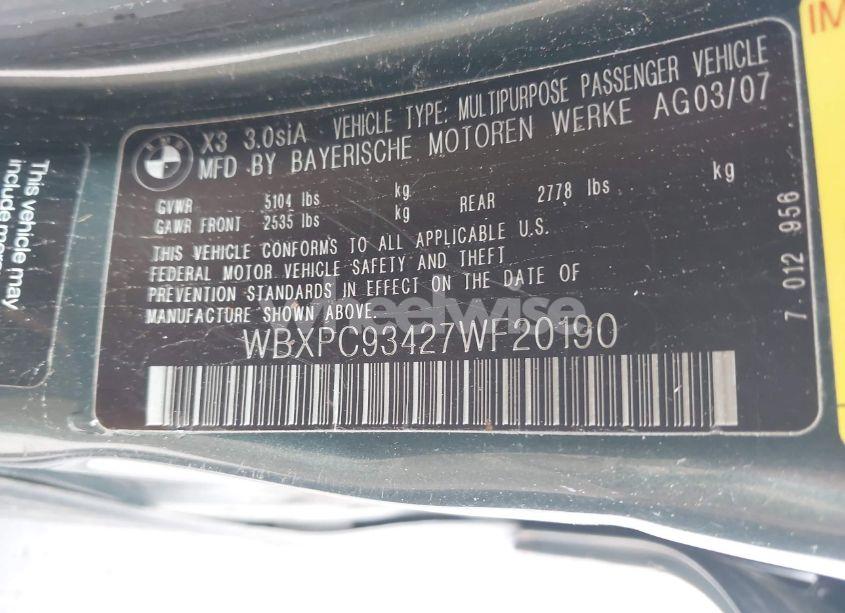 Photo 9 of 2007 Bmw X3 3.0SI (VIN WBXPC93427WF20190)