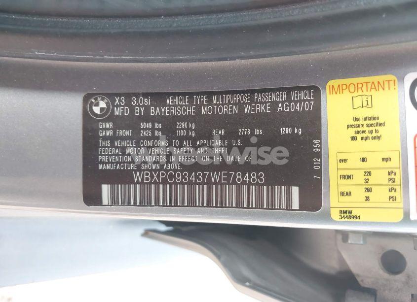 Photo 9 of 2007 Bmw X3 3.0SI (VIN WBXPC93437WE78483)