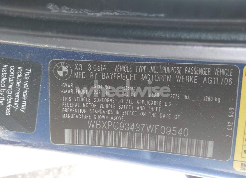 Photo 9 of 2007 Bmw X3 3.0SI (VIN WBXPC93437WF09540)