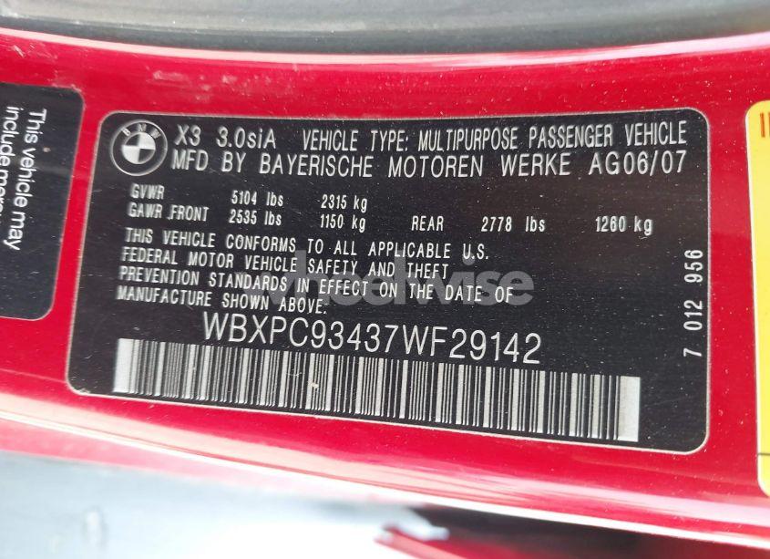 Photo 9 of 2007 Bmw X3 3.0SI (VIN WBXPC93437WF29142)