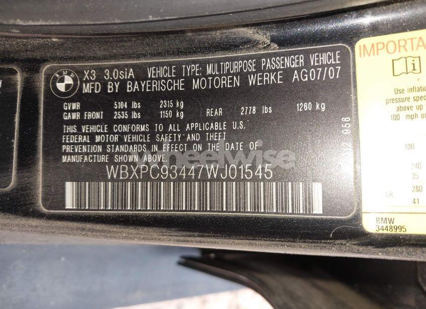 Photo 9 of 2007 Bmw X3 3.0SI (VIN WBXPC93447WJ01545)