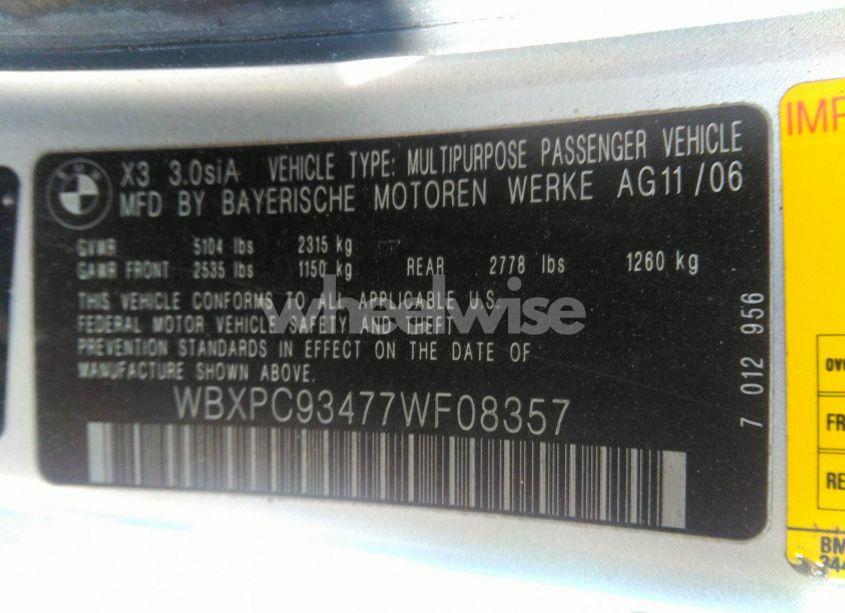 Photo 9 of 2007 Bmw X3 3.0SI (VIN WBXPC93477WF08357)