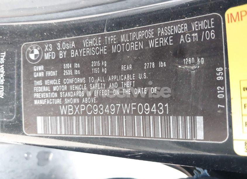 Photo 9 of 2007 Bmw X3 3.0SI (VIN WBXPC93497WF09431)