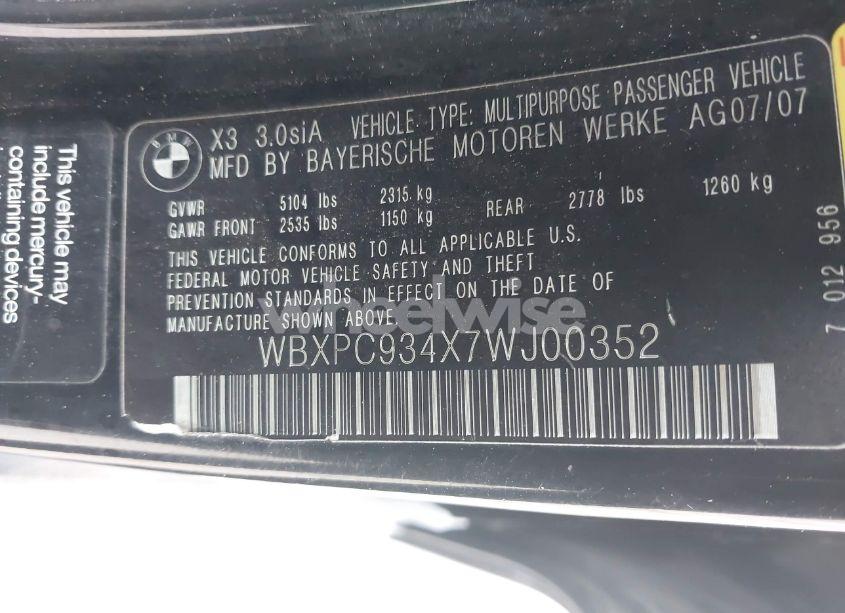 Photo 9 of 2007 Bmw X3 3.0SI (VIN WBXPC934X7WJ00352)
