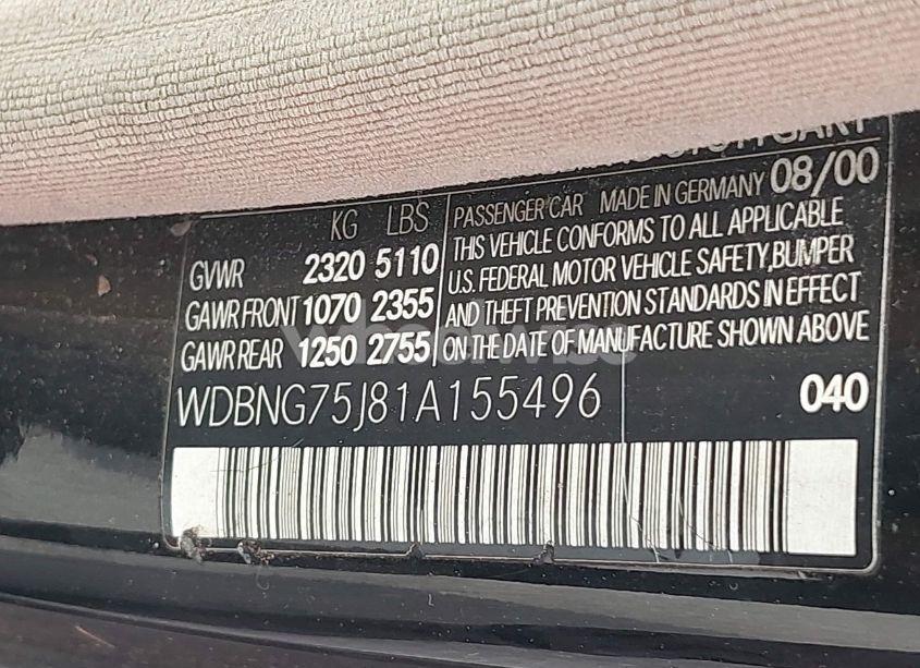 Photo 9 of 2001 Mercedes-benz S 500 (VIN WDBNG75J81A155496)