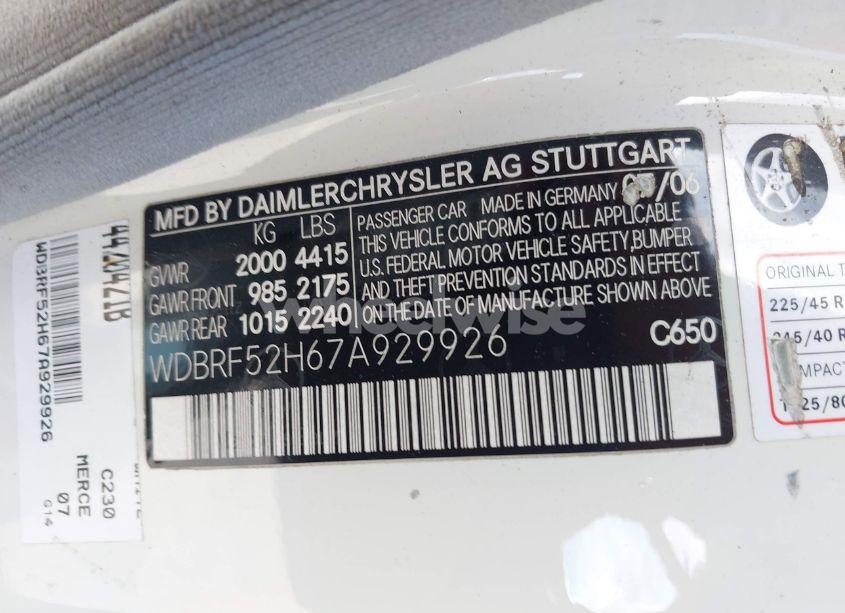 Photo 9 of 2007 Mercedes-benz C 230 SPORT (VIN WDBRF52H67A929926)