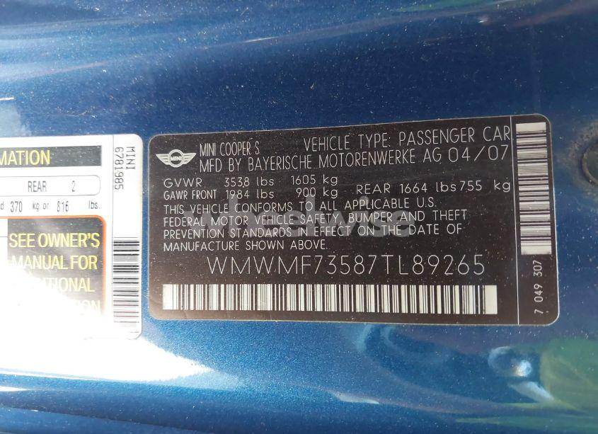 Photo 9 of 2007 Mini Cooper S (VIN WMWMF73587TL89265)