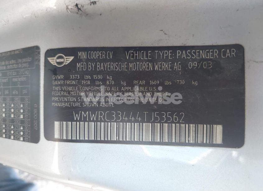 Photo 9 of 2004 Mini Cooper (VIN WMWRC33444TJ53562)