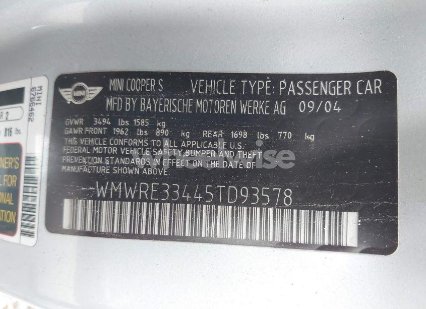 Photo 9 of 2005 Mini Cooper S (VIN WMWRE33445TD93578)