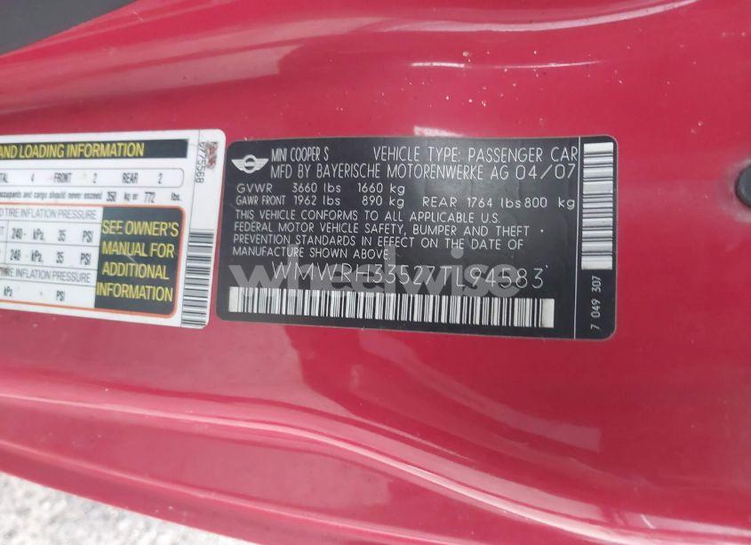 Photo 9 of 2007 Mini Cooper S (VIN WMWRH33527TL94583)