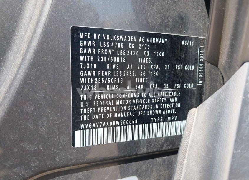 Photo 9 of 2011 Volkswagen Tiguan SEL (VIN WVGAV7AX0BW550059)