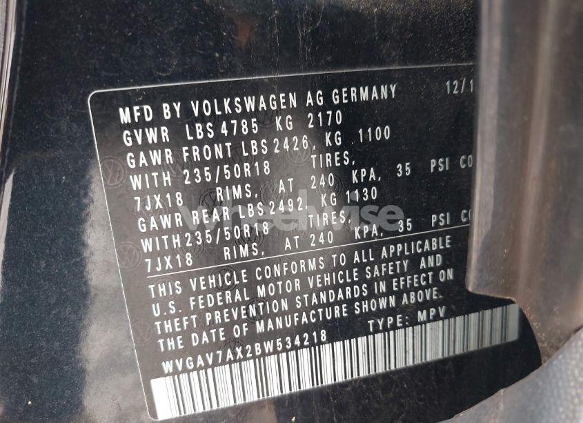 Photo 9 of 2011 Volkswagen Tiguan SE (VIN WVGAV7AX2BW534218)