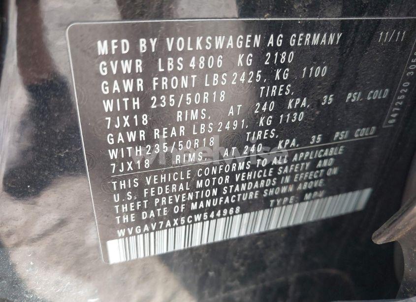 Photo 9 of 2012 Volkswagen Tiguan SE (VIN WVGAV7AX5CW544968)